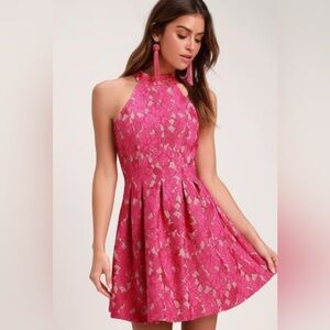 Lulus Pink High neck lace overlay Dress NWOT